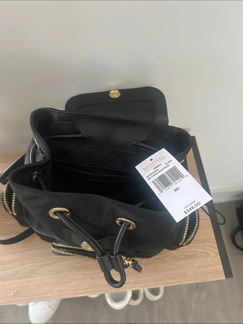 Michael Kors Black Nylon Drawstring Backpack with Gold Logo